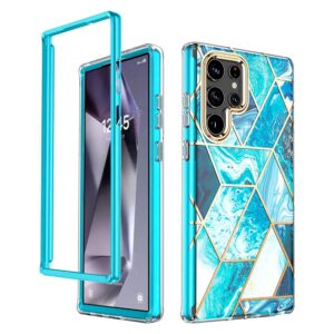 Samsung S24 Ultra -  Protector completo estilo marmol geométrico con marco rígido, serie classic azul